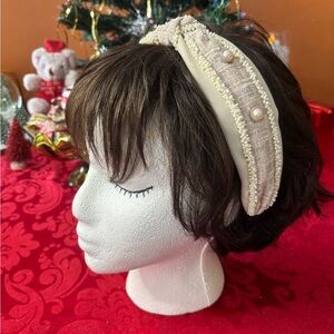 Cream plaid pearl headband